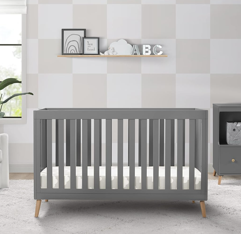 Convertible Baby Bed for Infants, Grey Frame with Natural Wood Legs